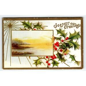 Vintage Christmas Postcard with Holly Berries and Scenic Sunset